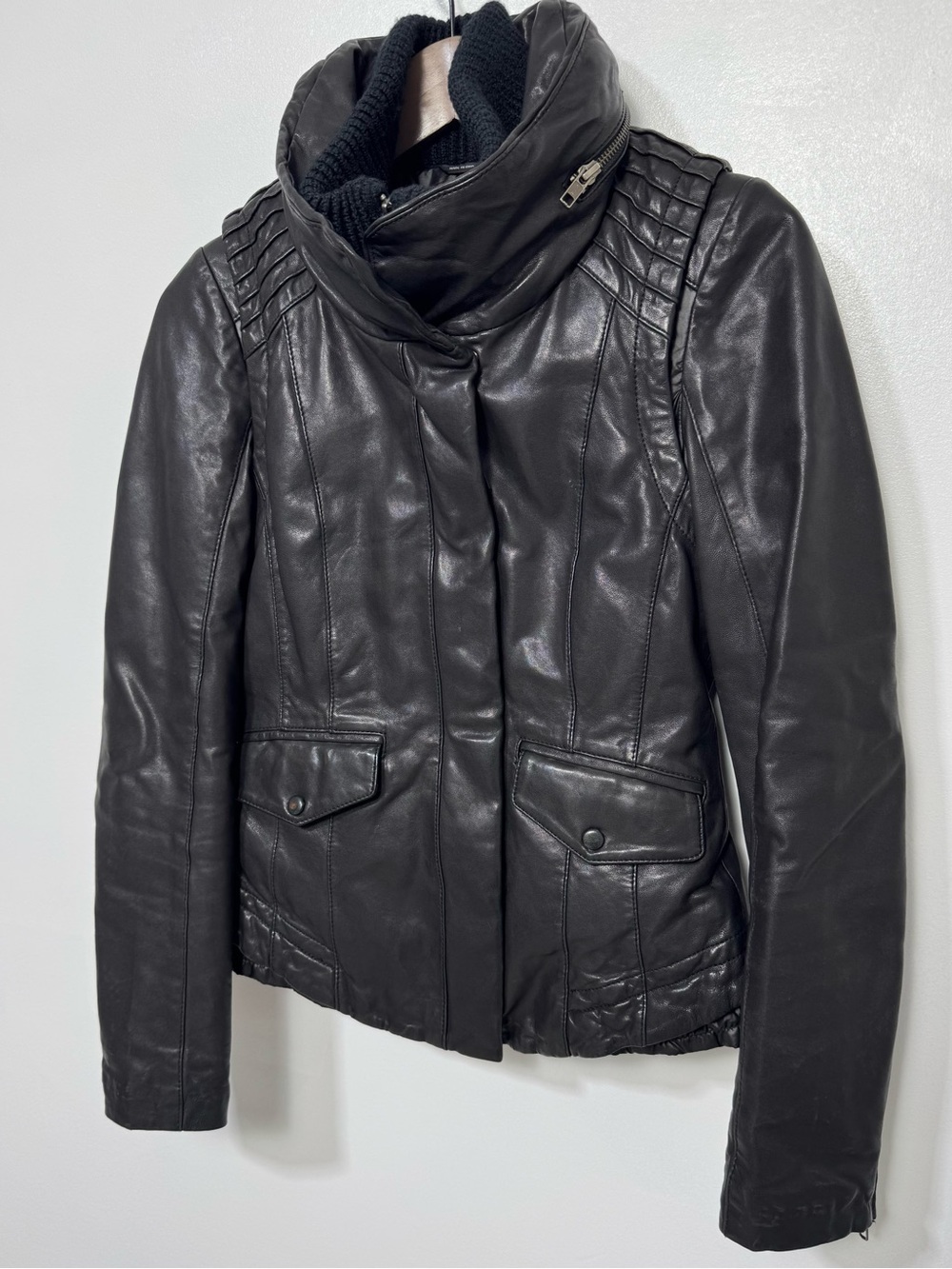 Mackage 3-in-1 Black Lambskin Leather Jacket Vest Hood Wool Collar Women's XS